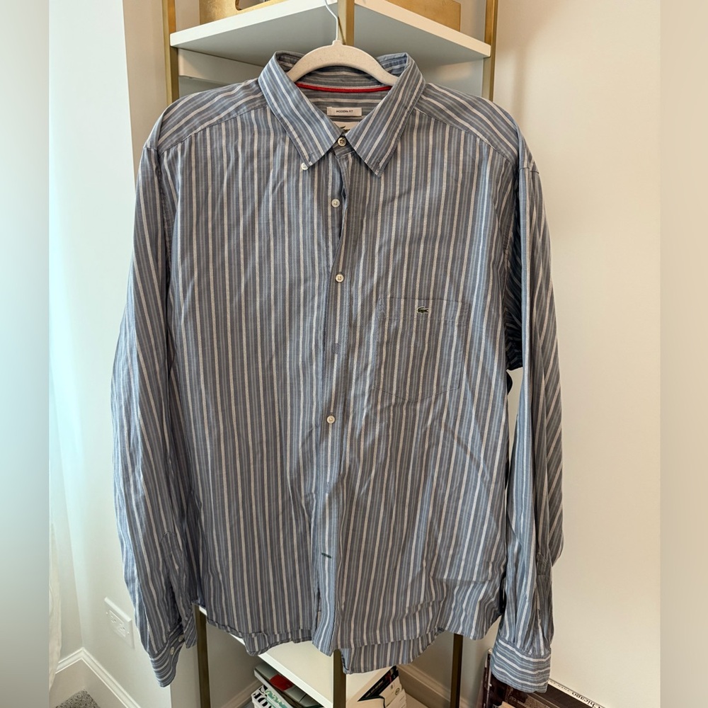 Lacoste Men's Gray and White Striped Button Down Shirt